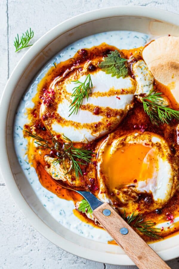 Overhead image of Turkish Eggs in a bowl