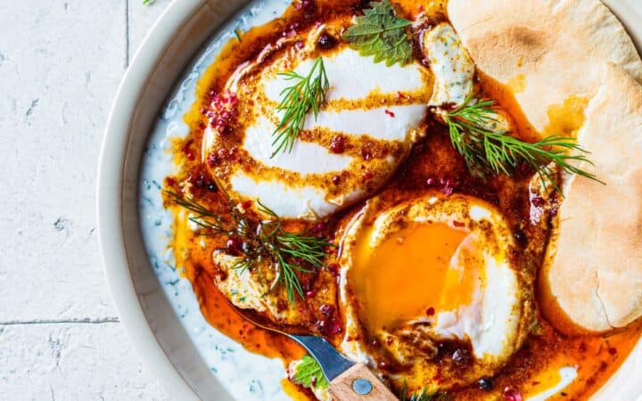 Overhead image of Turkish Eggs in a bowl