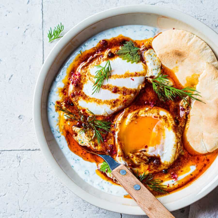 Overhead image of Turkish Eggs in a bowl