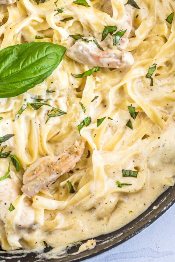 Close up image of Crock Pot Chicken Alfredo in a pan