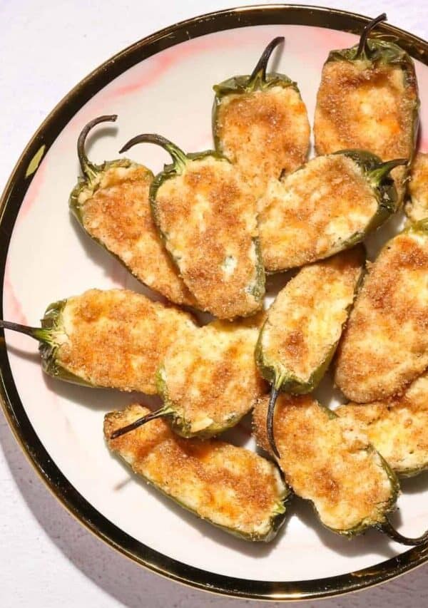 Overhead image of Baked Jalapeno Poppers on a white plate