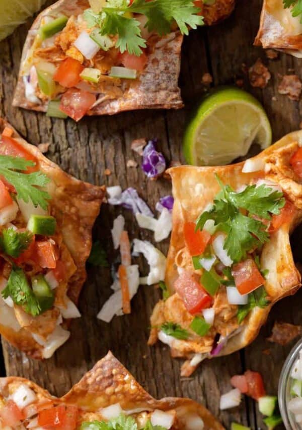 Overhead image of Chicken Wonton Tacos on a wooden board