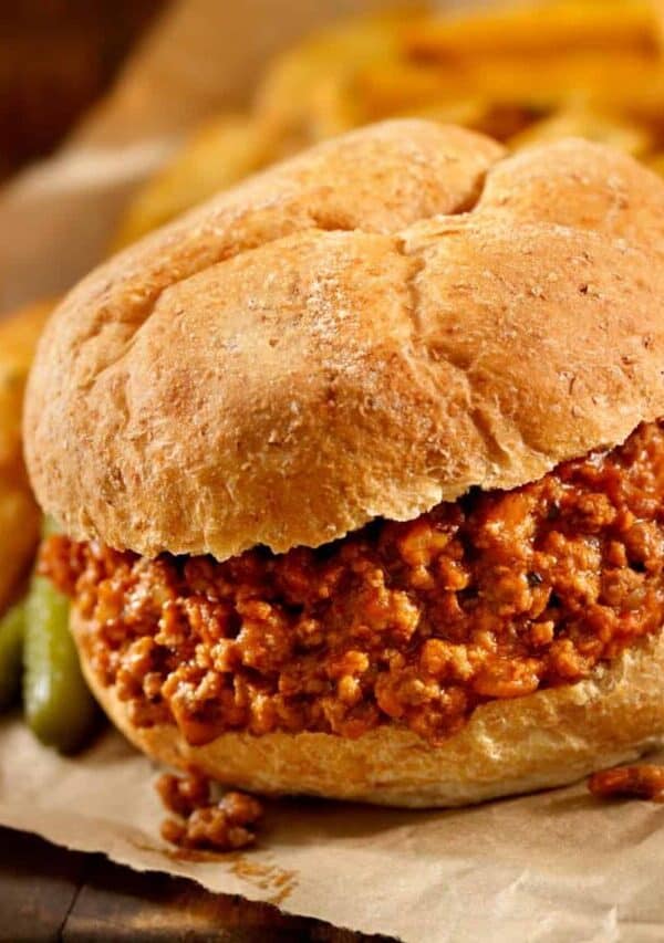 Close up image of Crock Pot Sloppy Joes on parchment paper