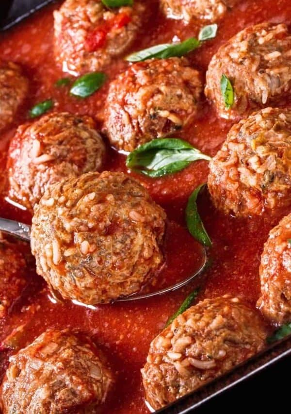 Close up image of Porcupine Meatballs in sauce