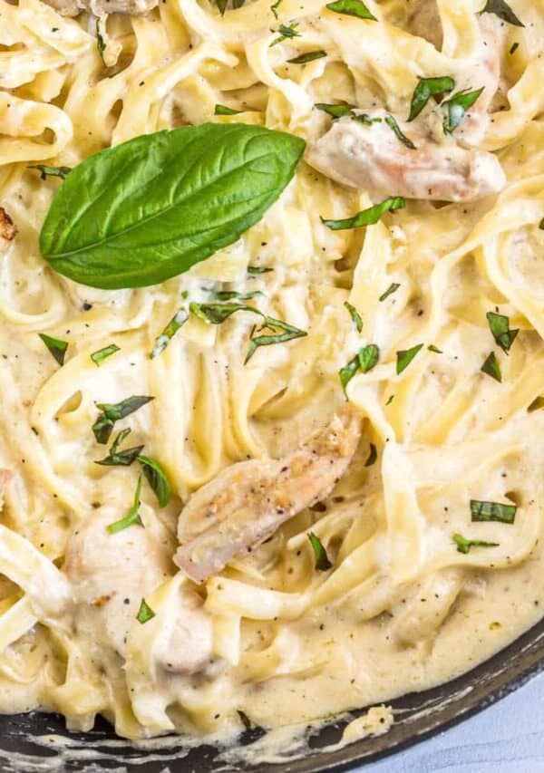 Close up image of Crock Pot Chicken Alfredo in a pan