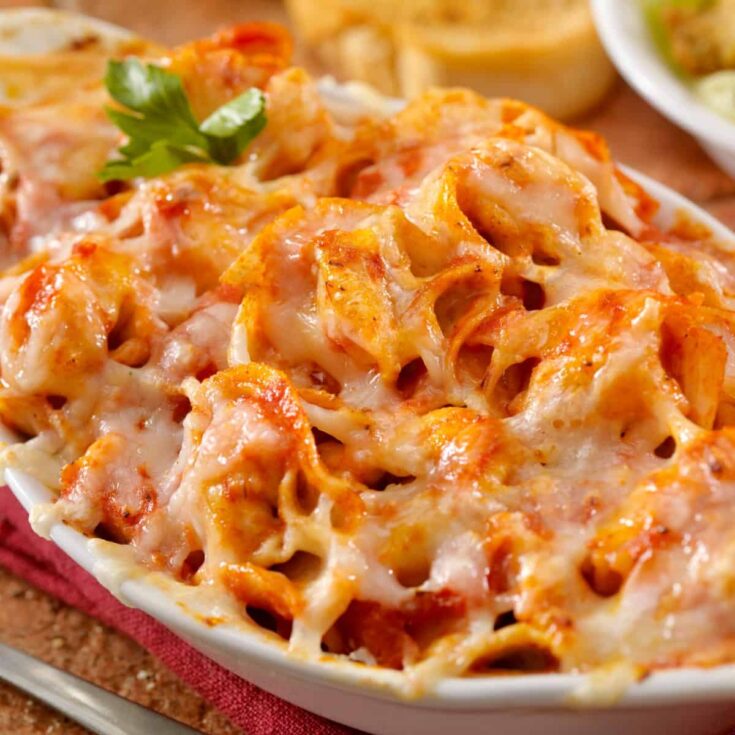 Close up image of Baked Tortellini in a baking dish