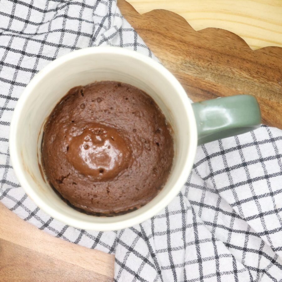 A microwaved brownie in a coffee mug