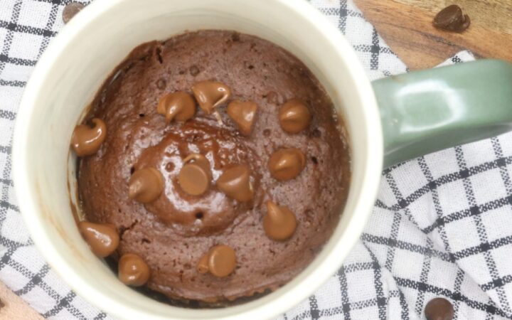 Overhead image of a Brownie in a mug on a plaid cloth