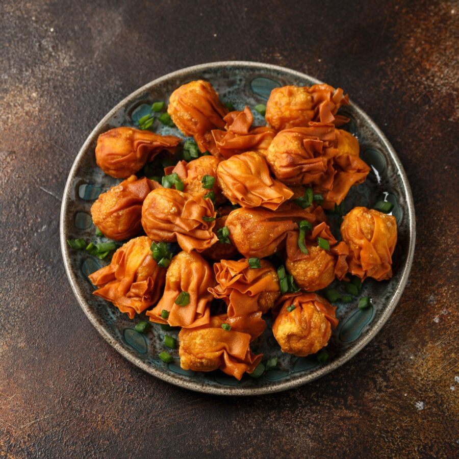 Overhead image of Crispy Chicken Wontons on a plate