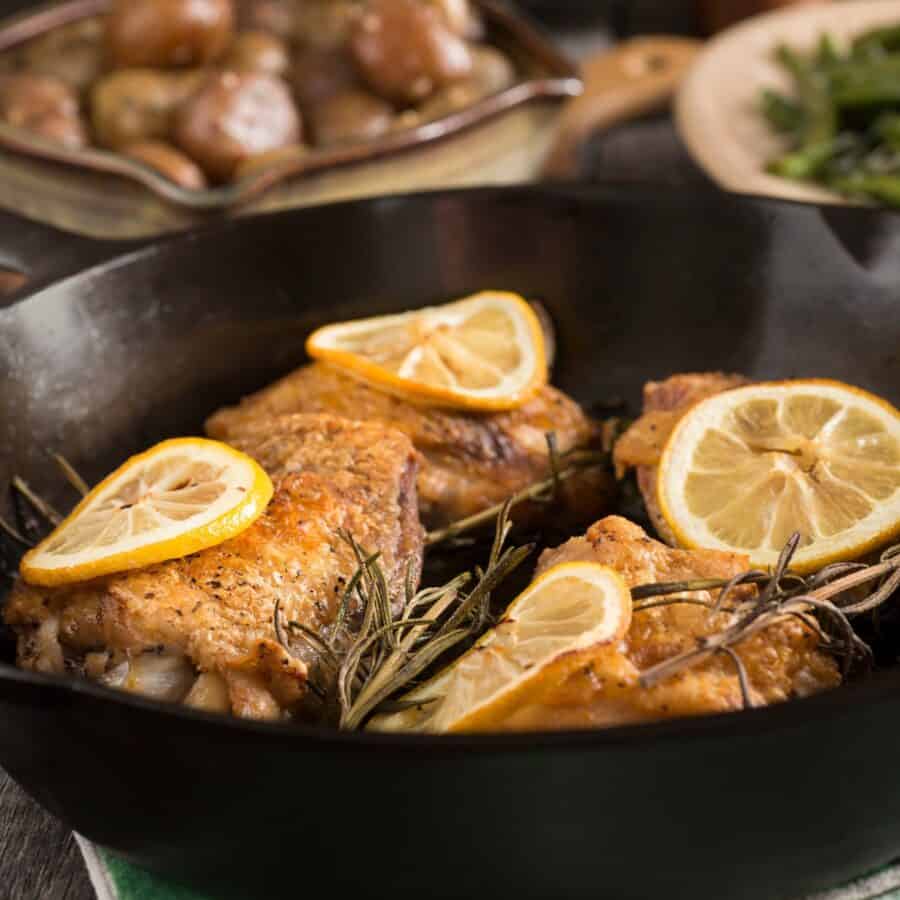 Close up image of Lemon Chicken Thighs in a skillet