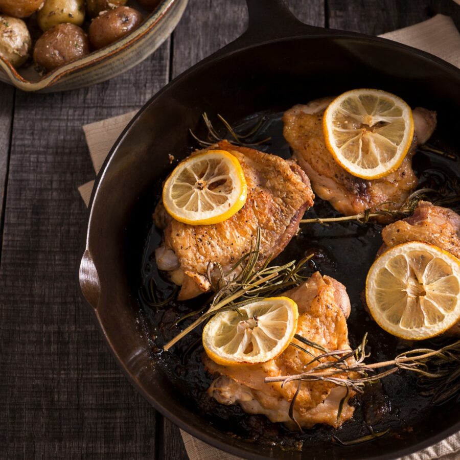 Overhead image of Lemon Chicken Thighs in a skillet