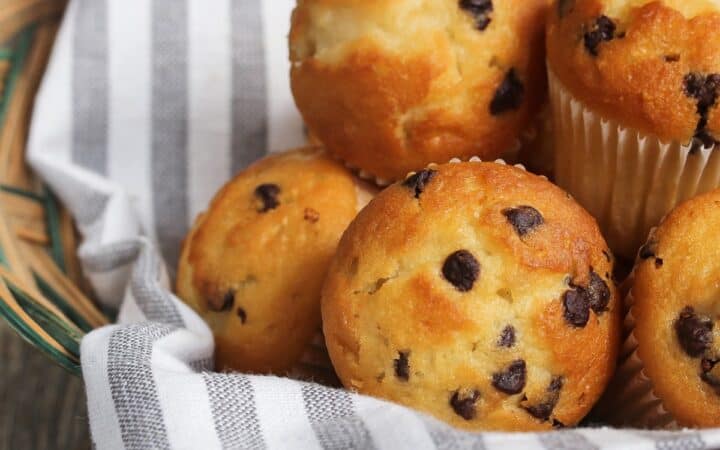 Close up image of Mini Muffins in a wicker basket lined with a towel