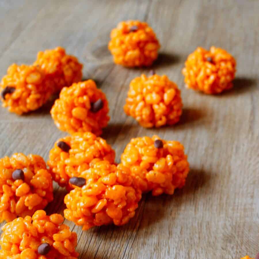 Close up image of a cluster of Pumpkin Rice Krispies Treats 