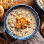 Overhead image of Shrimp and Corn Soup in a blue bowl - 8