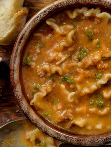 Overhead image of Slow Cooker Lasagna Soup in a bowl