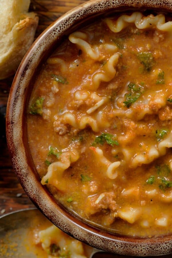 Overhead image of Slow Cooker Lasagna Soup in a bowl