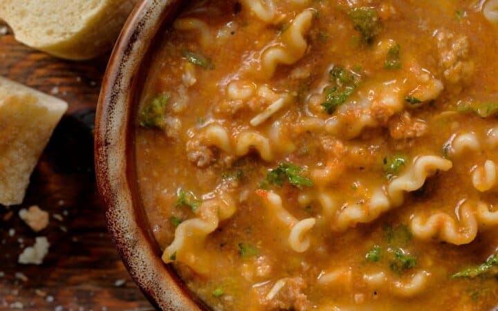 Overhead image of Slow Cooker Lasagna Soup in a bowl