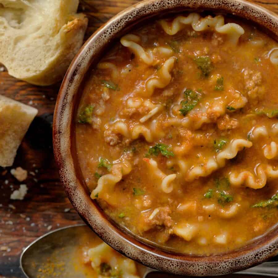 Overhead image of Slow Cooker Lasagna Soup in a bowl