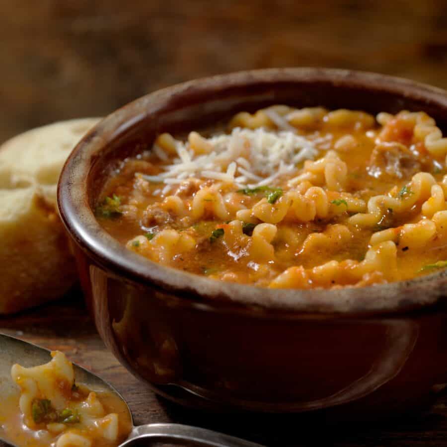 Close up image of Slow Cooker Lasagna Soup in a bowl