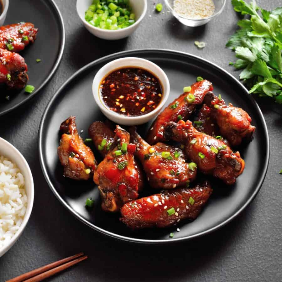 Sticky Chicken Wings on a white plate with garnishes surrounding them