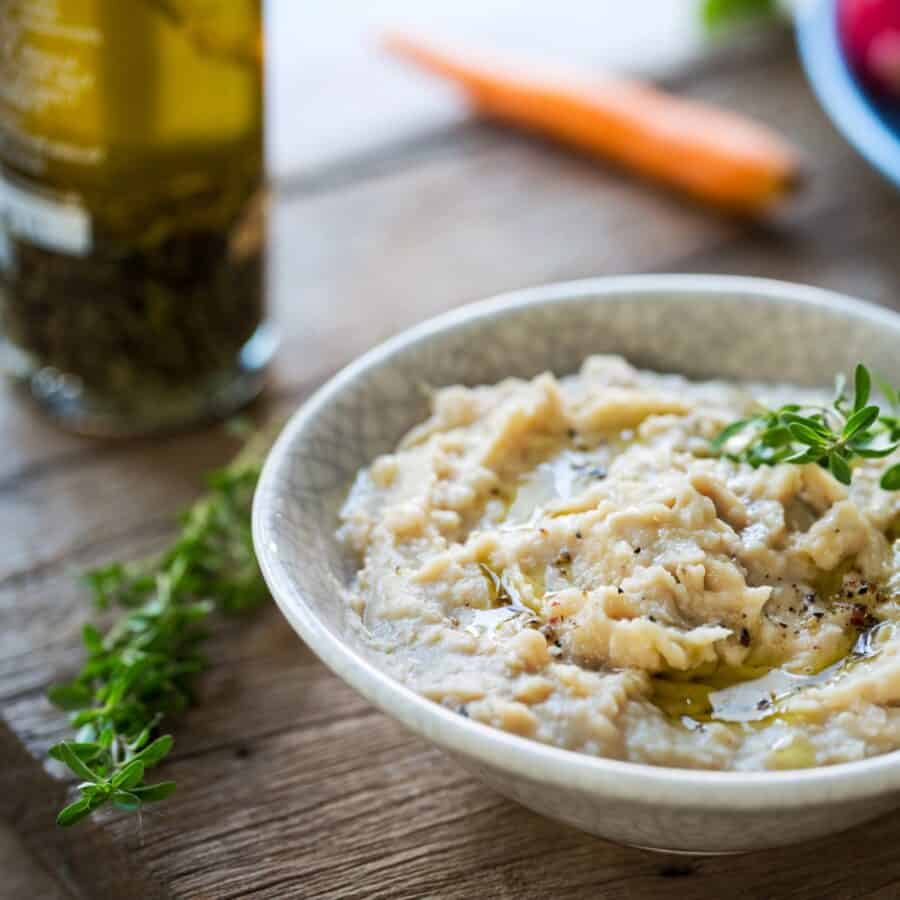 Close up image of White Bean Dip in a bowl