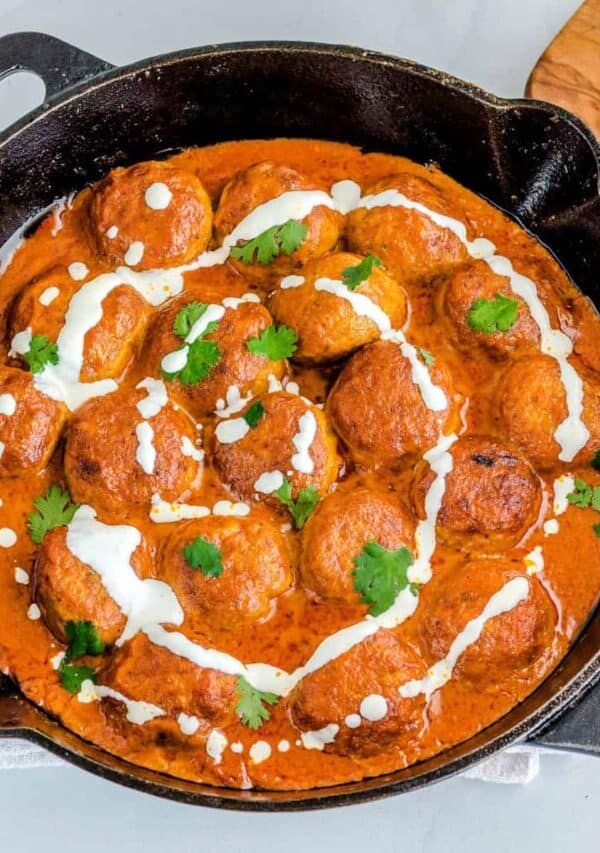 Overhead image of Butter Chicken Meatballs in a skillet