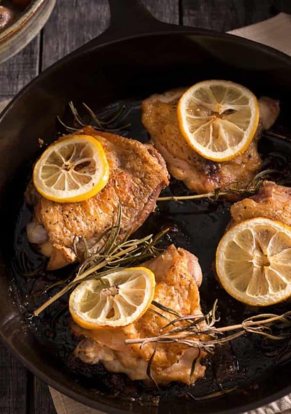 Overhead image of Lemon Chicken Thighs in a skillet