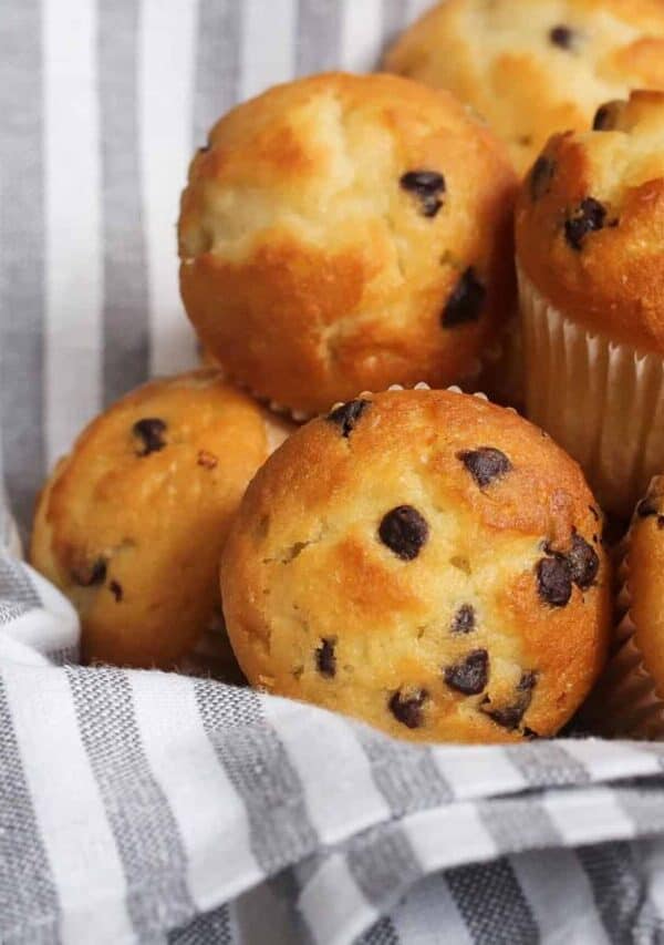 Close up image of Mini Muffins in a wicker basket lined with a towel