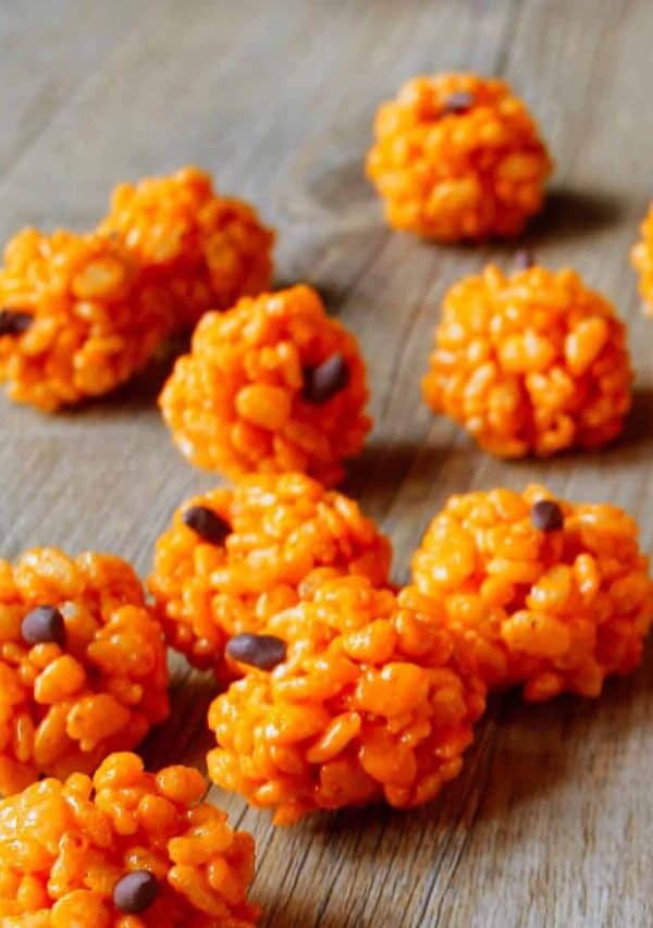 Close up image of a cluster of Pumpkin Rice Krispies Treats