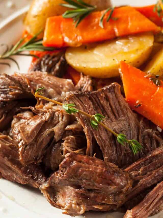 Slow Cooker Chuck Roast with potatoes and carrots on a serving platter