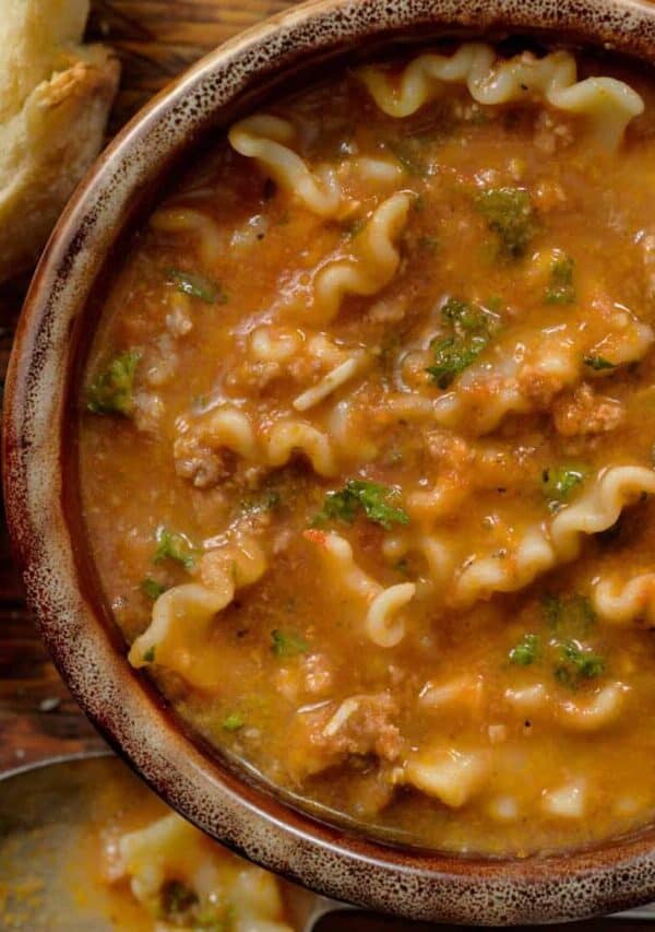 Overhead image of Slow Cooker Lasagna Soup in a bowl