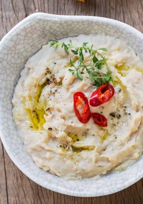 Overhead image of white bean dip in a bowl