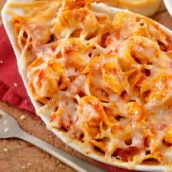 Overhead image of Baked Tortellini in a white dish