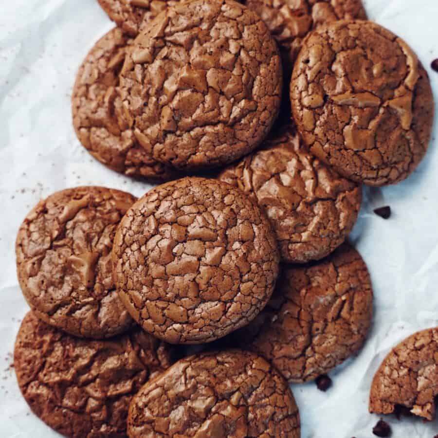 Overhead image of Brownie Mix Cookies on a light background