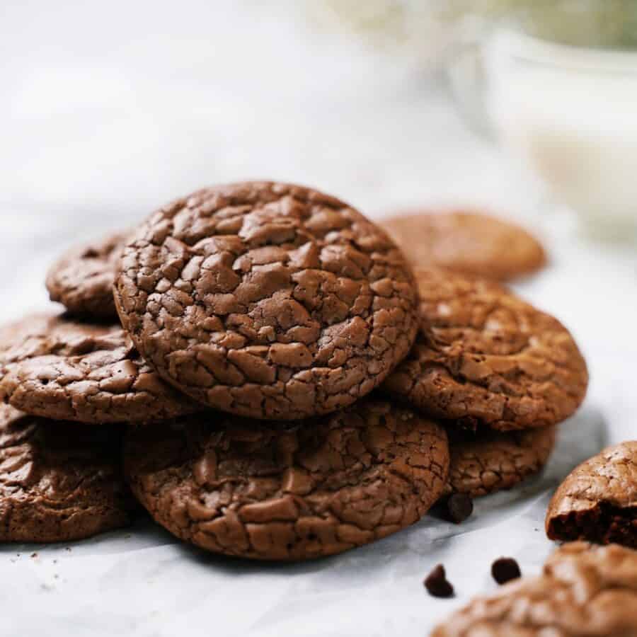 Close up image of Brownie Mix Cookies in a pile