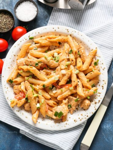 Overhead image of Cajun Chicken Pasta on a plate