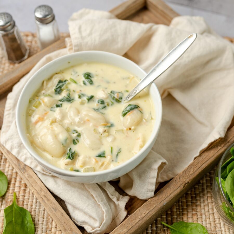 Close up image of Chicken Gnocchi Soup in a white bowl with a spoon in it