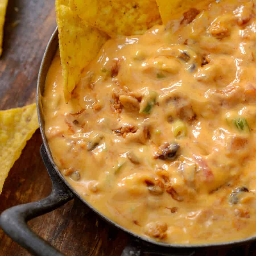 Overhead image of Chili Cheese dip in a pan