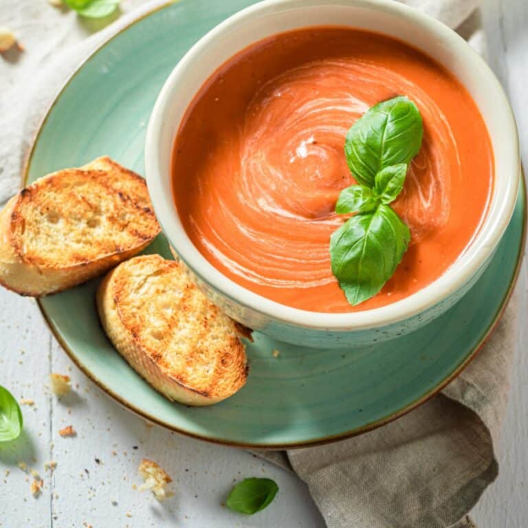 Creamy tomato soup in a white bowl on a seafoam plate with toasted baguettes