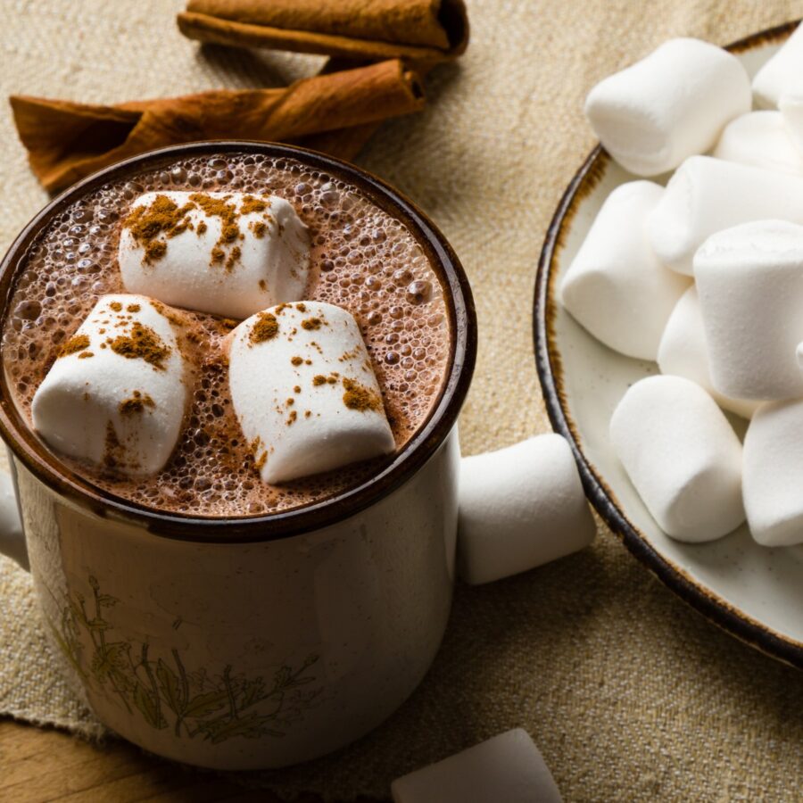 Hot chocolate made from homemade hot chocolate mix in a mug with marshmallows