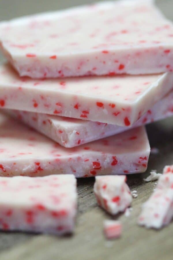 Peppermint Fudge cut into squares and stacked