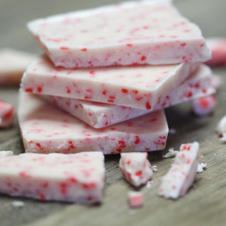 Peppermint Fudge cut into squares and stacked