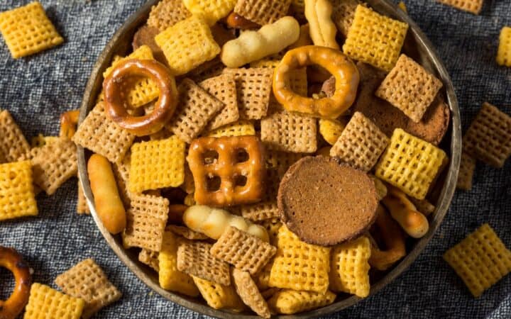 Overhead image of spicy chex mix in a bowl