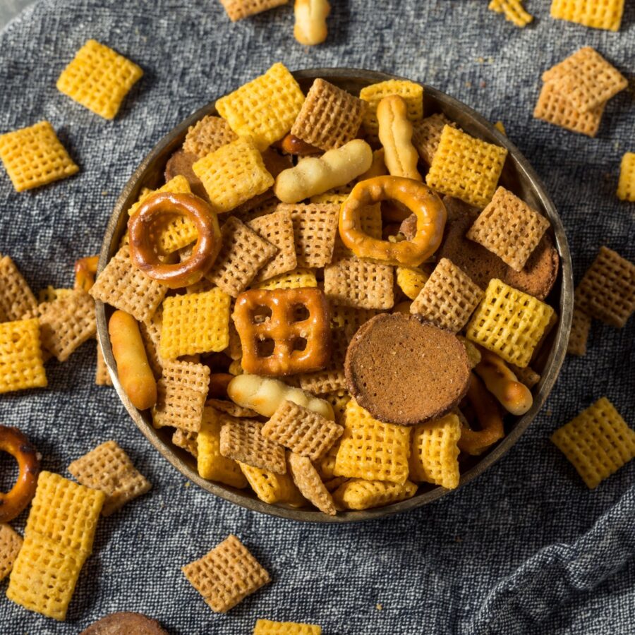 Overhead image of spicy chex mix in a bowl