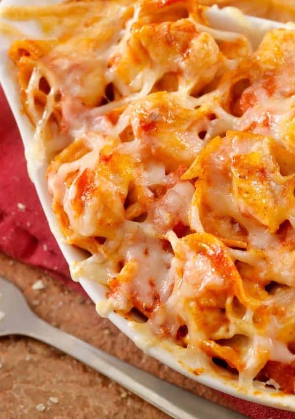 Overhead image of Baked Tortellini in a white dish