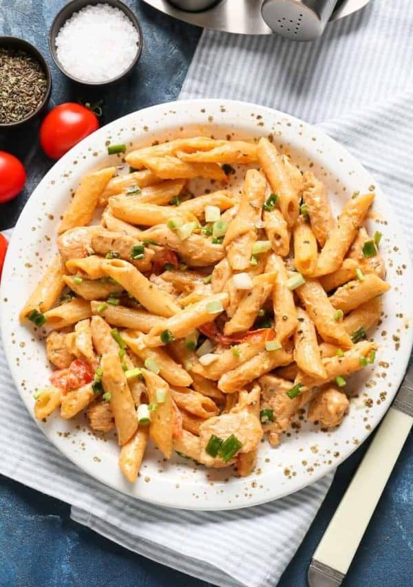 Overhead image of Cajun Chicken Pasta on a plate