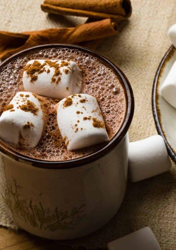 Hot chocolate made from homemade hot chocolate mix in a mug with marshmallows