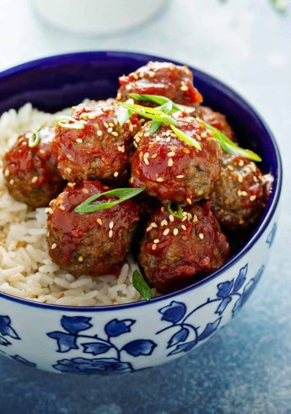 Korean Meatballs on a bed of rice in a decorative bowl
