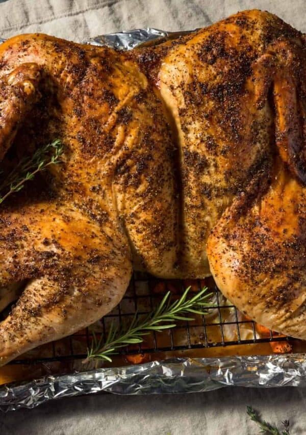 Overhead image of a Spatchcock Turkey on a roasting pan