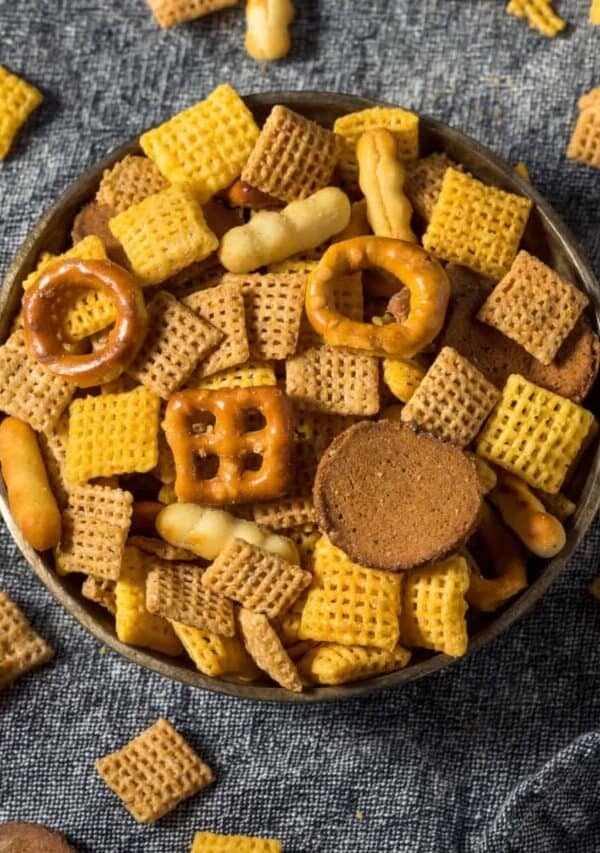 Overhead image of spicy chex mix in a bowl